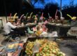 Backyard hibachi birthday dinner setup with balloon decorations and guests seated around the grill