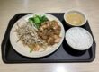 Teppanyaki set meal with grilled vegetables, rice and miso soup served at an at-home hibachi catering dinner