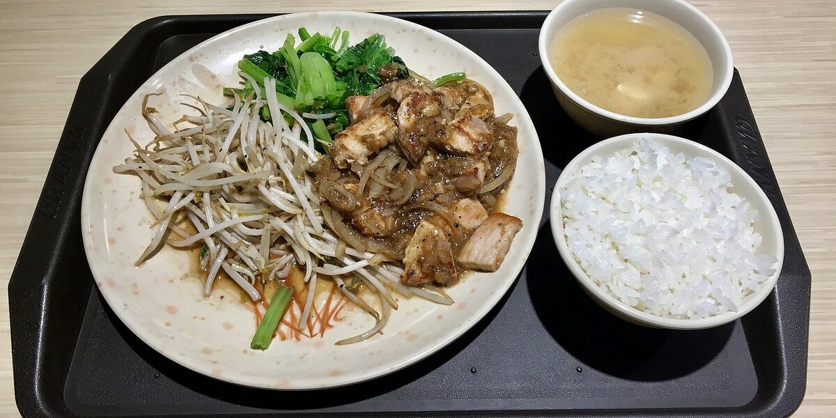 Teppanyaki set meal with grilled vegetables, rice and miso soup served at an at-home hibachi catering dinner Teppanyaki set meal with grilled vegetables, rice and miso soup served at an at-home hibachi catering dinner