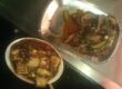Vegetarian teppanyaki set meal with mushrooms and tofu grilled at an at-home hibachi party